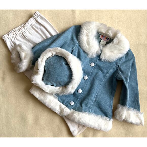 Vintage 90s Joy Kid Leggings Jacket & Hat Set Girls 6 Blue White Faux Fur Trim - Picture 1 of 5